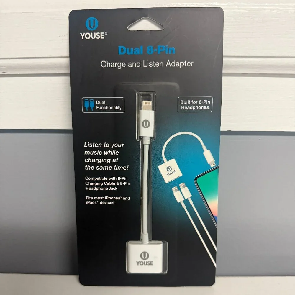 U Youse Dual 8-Pin Charge and Listen Adapter for 8-Pin adapter for iPhones/iPads